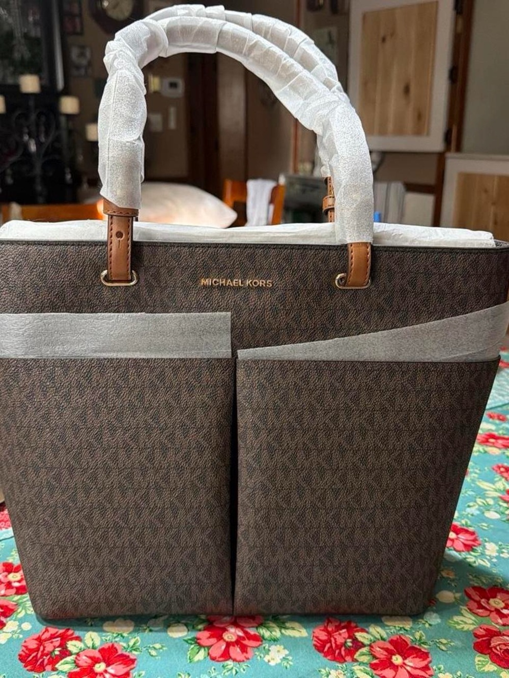 Michael Kors Brown Logo Tote with Tan Leather Trim
